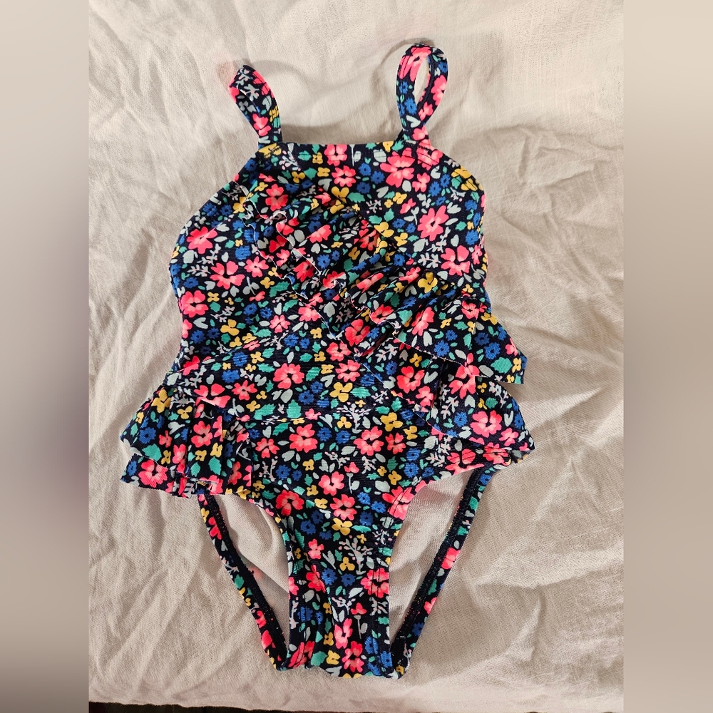 Cat & Jack Black and Pink One Piece Swimsuit with Floral Design